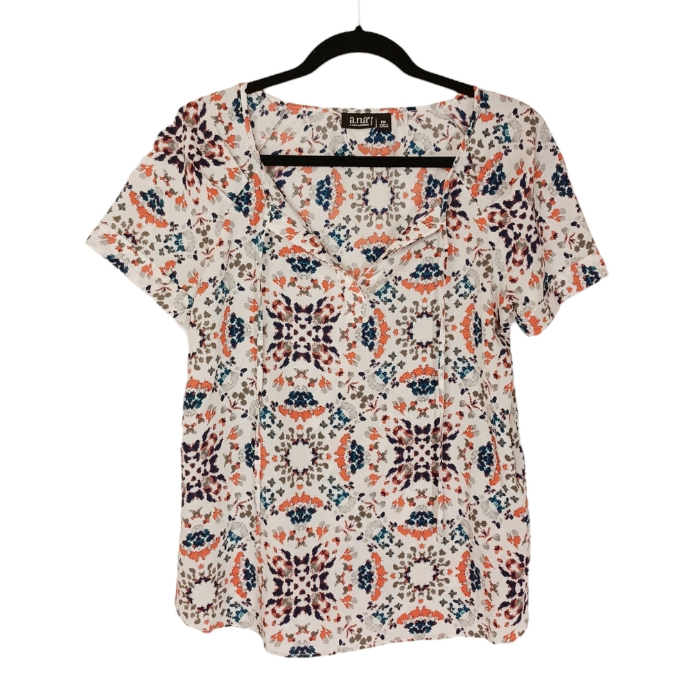 A.N.A Coral Peach Blue White Geometric Print Short Sleeve Top Petite Medium P